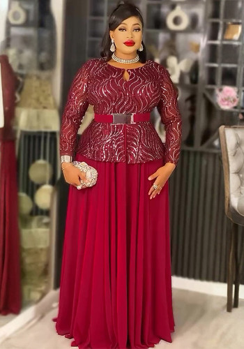 Sequin Formal Party Gown African Women's Plus Size Dress with Belt