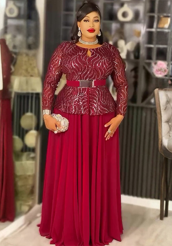 Sequin Formal Party Gown African Women's Plus Size Dress with Belt