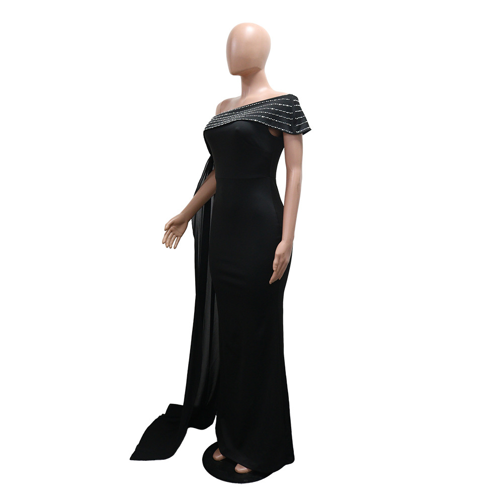 Women's Slash Shoulder Beaded Sexy Slim Fit Long Dress