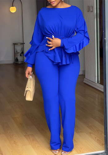 Winter Stretch Ruffle Drawstring Long Sleeve Slim Waist Top and Pants Two-Piece Set