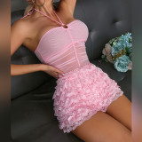 Pink Multi-Layer Cascading Ruffles Shorts and Halter Neck Lace-Up Tight Fitting See-Through Bodysuit Two-Piece Set