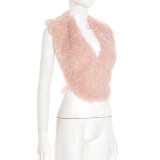 Women fall/winter solid fur halter neck V-neck sexy sleeveless backless lace-up top