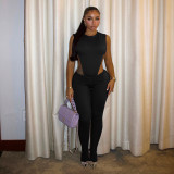 Women round-neck inverted triangle lace-up bodysuit and gathered leggings two-piece set