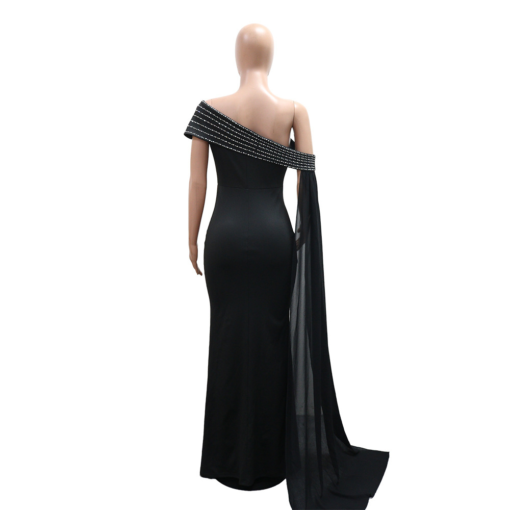 Women's Slash Shoulder Beaded Sexy Slim Fit Long Dress