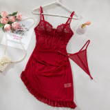 Lace Patchwork See-Through Mesh Sexy Strap Nightdress and G-String Set