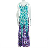 Fashion Printed Women's Patchwork Slim Waist A-Line Casual Chic V-Neck Maxi Dress