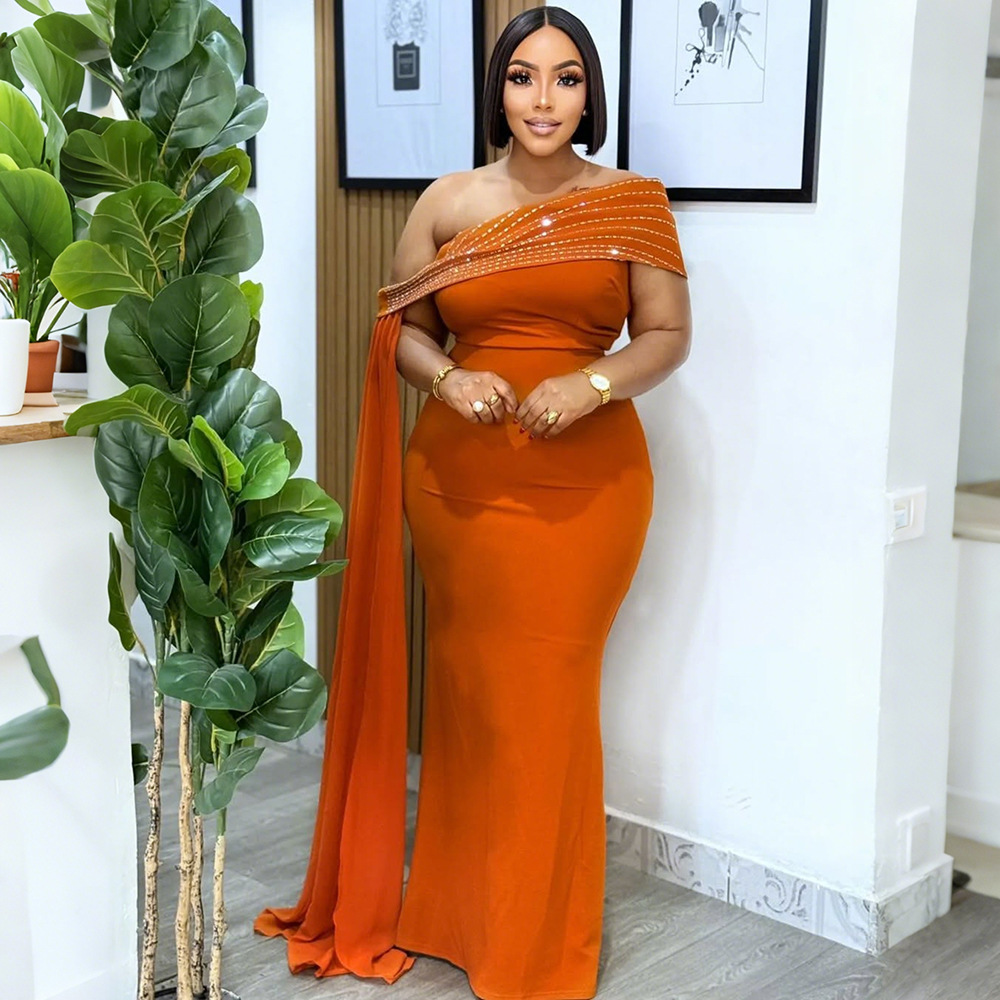 Women's Slash Shoulder Beaded Sexy Slim Fit Long Dress