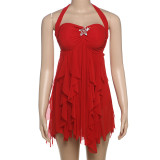 Summer Women's Sexy Halter Neck Low Back Asymmetrical Short Dress