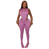 Women round-neck inverted triangle lace-up bodysuit and gathered leggings two-piece set