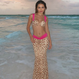 Spring Sexy Contrast Print Lace-Up Top with High Waist Skirt Three-Piece Set