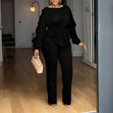 Winter Stretch Ruffle Drawstring Long Sleeve Slim Waist Top and Pants Two-Piece Set