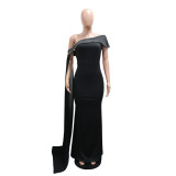 Women's Slash Shoulder Beaded Sexy Slim Fit Long Dress