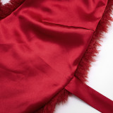 Women fall/winter solid fur halter neck V-neck sexy sleeveless backless lace-up top
