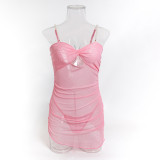 Sexy See-Through Mesh Pearl Strappy Pink Nightgown