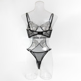 Sexy Push-Up See-Through Low Back Embroidered Patchwork Bodysuit for Women