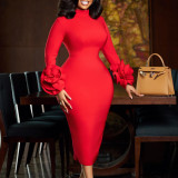 Semi-High Neck Chic Slim Elegant Office Floral Long Sleeve Bodycon Dress