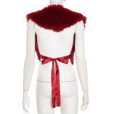 Women fall/winter solid fur halter neck V-neck sexy sleeveless backless lace-up top