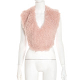 Women fall/winter solid fur halter neck V-neck sexy sleeveless backless lace-up top