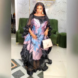 African Women's Plus Size Organza Dress Printed Robe Dubai