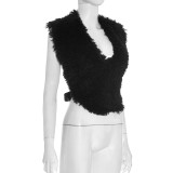 Women fall/winter solid fur halter neck V-neck sexy sleeveless backless lace-up top
