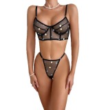 Fashion Black Daisy Embroidered Sexy See-Through Push-Up Lingerie Set