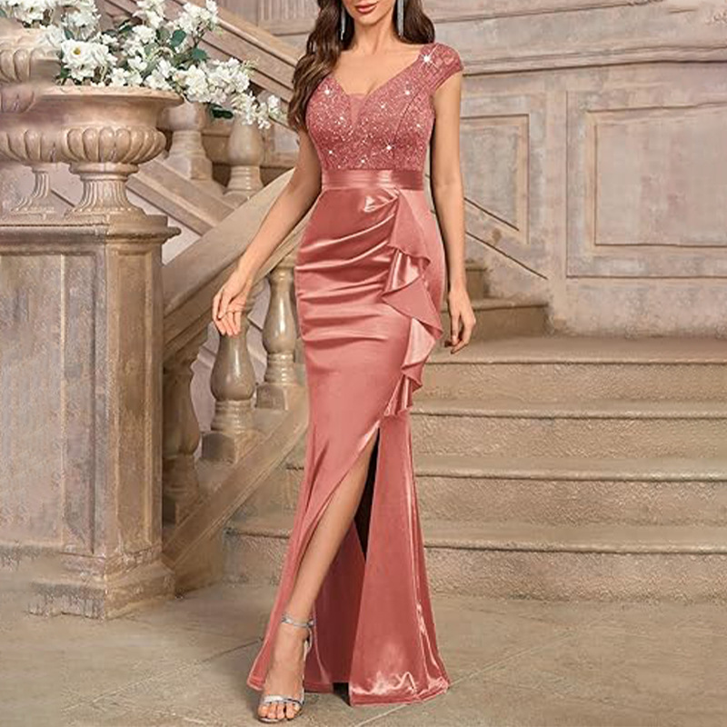 Women's Sexy Lace Sequin Evening Gown Wedding Party Long Dress Bride Dress