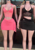Fashion Women's Strappy Slim Lace See-Through Sexy Low Back Two Piece Skirt Set