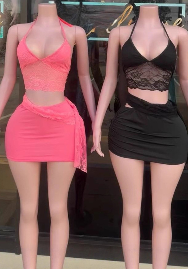 Fashion Women's Strappy Slim Lace See-Through Sexy Low Back Two Piece Skirt Set