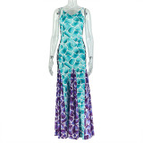 Fashion Printed Women's Patchwork Slim Waist A-Line Casual Chic V-Neck Maxi Dress