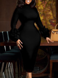 Semi-High Neck Chic Slim Elegant Office Floral Long Sleeve Bodycon Dress