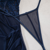 Lace Patchwork See-Through Mesh Sexy Strap Nightdress and G-String Set