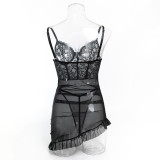 Lace Patchwork See-Through Mesh Sexy Strap Nightdress and G-String Set