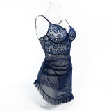 Lace Patchwork See-Through Mesh Sexy Strap Nightdress and G-String Set