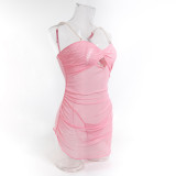 Sexy See-Through Mesh Pearl Strappy Pink Nightgown