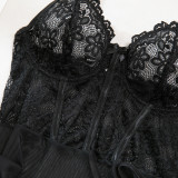 Lace Patchwork See-Through Mesh Sexy Strap Nightdress and G-String Set