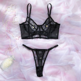 Fashion Black Daisy Embroidered Sexy See-Through Push-Up Lingerie Set