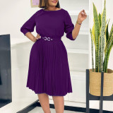 Women's Chic Fashion Elegant Round Neck Three-Quarter Sleeve Pleated African Dress