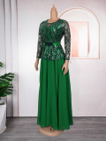 Sequin Formal Party Gown African Women's Plus Size Dress with Belt