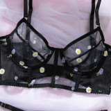 Fashion Black Daisy Embroidered Sexy See-Through Push-Up Lingerie Set