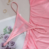 Sexy See-Through Mesh Pearl Strappy Pink Nightgown