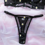 Fashion Black Daisy Embroidered Sexy See-Through Push-Up Lingerie Set