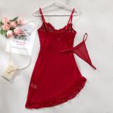 Lace Patchwork See-Through Mesh Sexy Strap Nightdress and G-String Set
