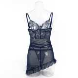 Lace Patchwork See-Through Mesh Sexy Strap Nightdress and G-String Set