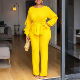 Winter Stretch Ruffle Drawstring Long Sleeve Slim Waist Top and Pants Two-Piece Set