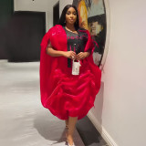 Embroidered Robe African Women's Plus Size Dress Solid Strappy Dress Two-Piece Set
