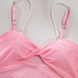 Sexy See-Through Mesh Pearl Strappy Pink Nightgown