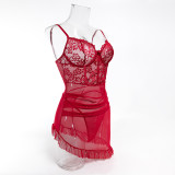 Lace Patchwork See-Through Mesh Sexy Strap Nightdress and G-String Set