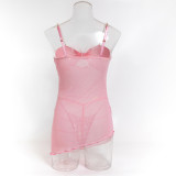 Sexy See-Through Mesh Pearl Strappy Pink Nightgown