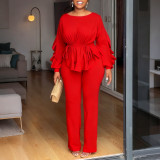 Winter Stretch Ruffle Drawstring Long Sleeve Slim Waist Top and Pants Two-Piece Set