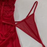Lace Patchwork See-Through Mesh Sexy Strap Nightdress and G-String Set